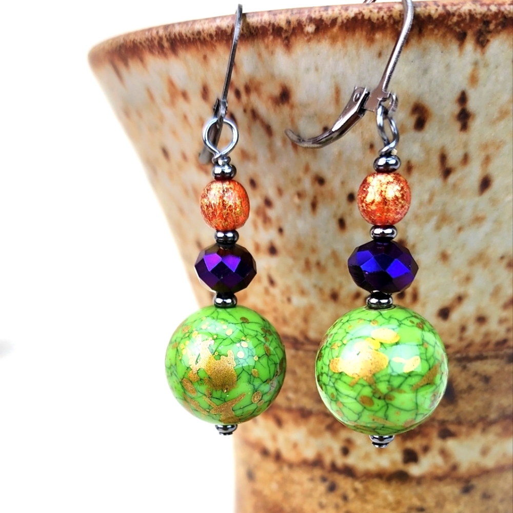 Halloween Earrings, Goblin‎ Green, Purple & Orange Tones, Handmade